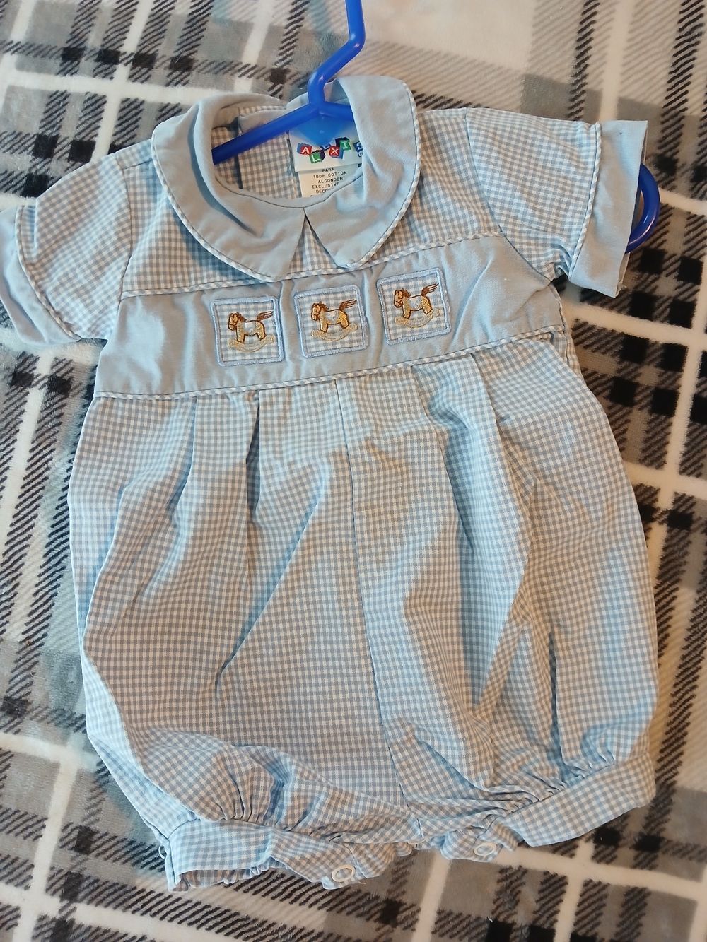 Alexis Light Blue Gingham Baby One-Piece with Rocking Horse Embroidery Vintage